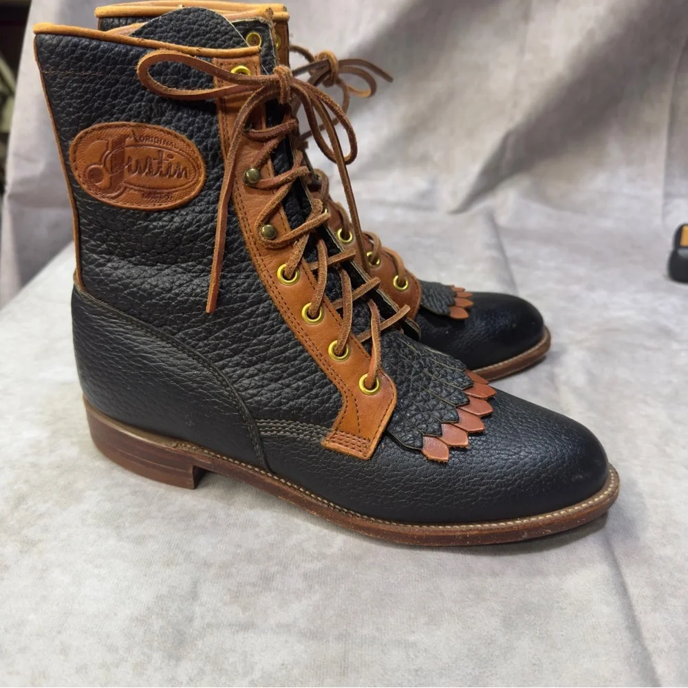 Vintage Justin Kiltie Fringe Lace Up Boots black and brown leather Size 6.5 - Picture 2 of 6